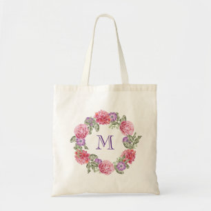 Floral Wreath Watercolor Flowers Custom Monogram Tote Bag