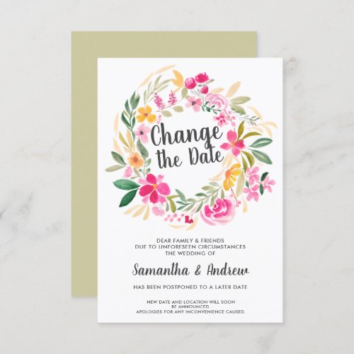 Floral wreath watercolor font change date wedding invitation