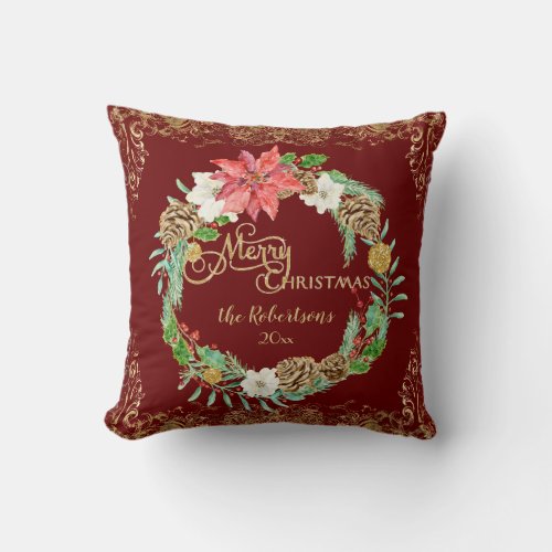 Floral Wreath Watercolor Merry Christmas Red Gold Throw Pillow