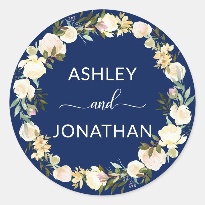 Floral Wreath Watercolor Navy Blue Wedding Seals Zazzle Com