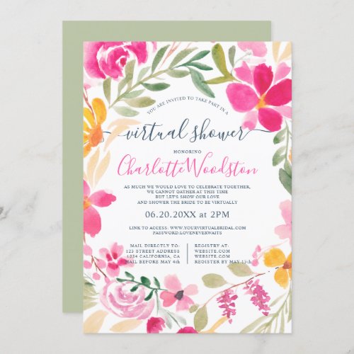 Floral wreath watercolor script virtual shower invitation