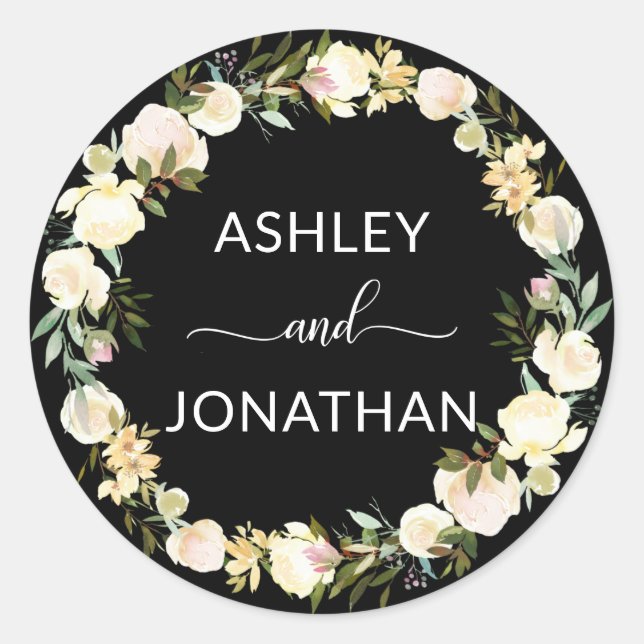 Floral Wreath Wedding Black Beige Labels Seals (Front)