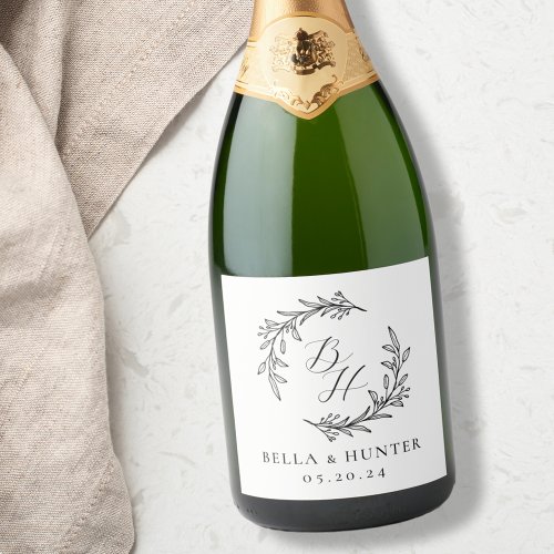 Floral Wreath Wedding Initial Monogram Sparkling Wine Label