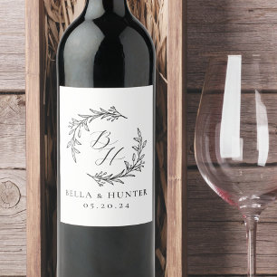 Floral Wreath Wedding Initial Monogram Wine Label
