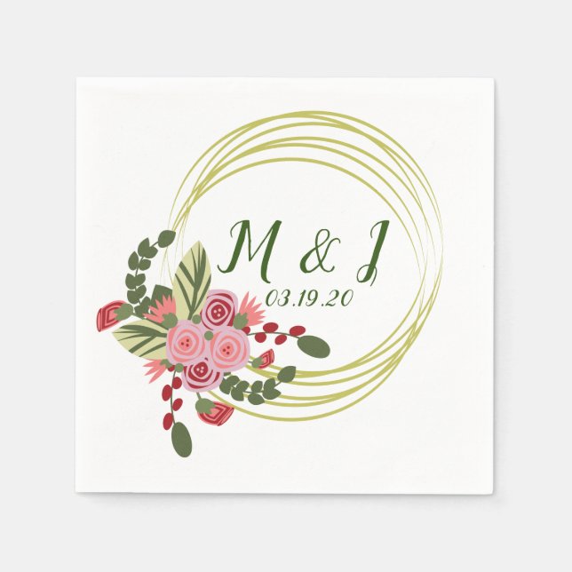 Floral Wreath Wedding Logo Initial Napkins (Front)