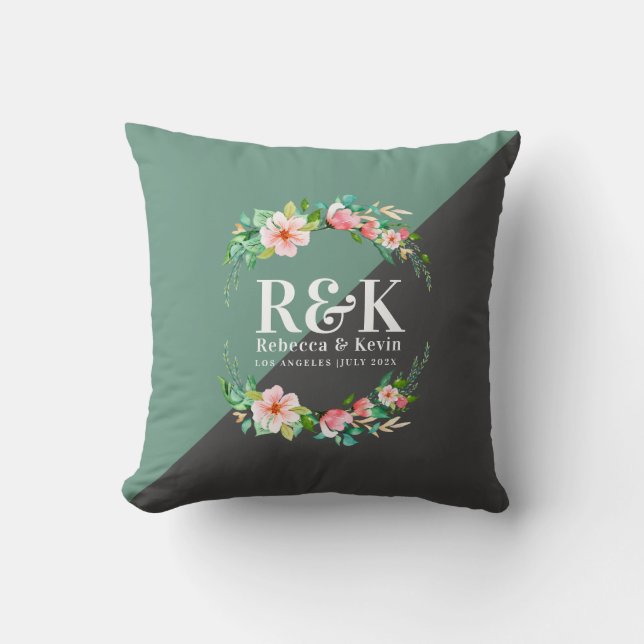 Floral Wreath, Wedding Monogram Split Ccreen Back Throw Pillow (Front)