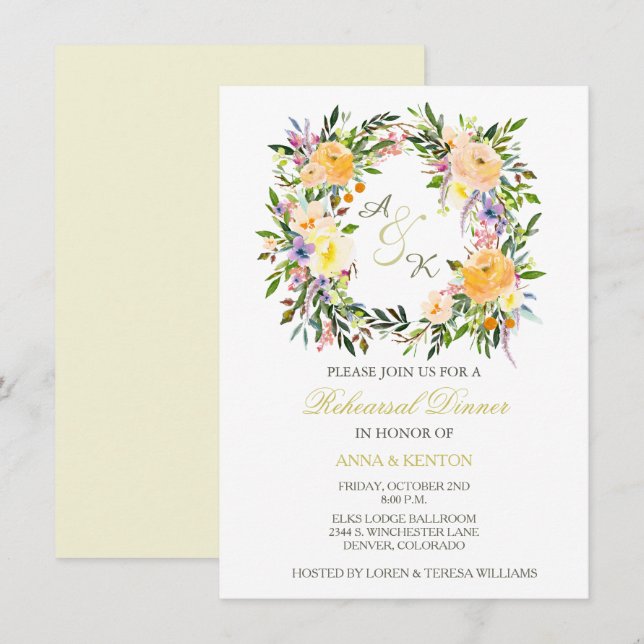 Floral Wreath Wedding Rehearsal Dinner Invitation (Front/Back)
