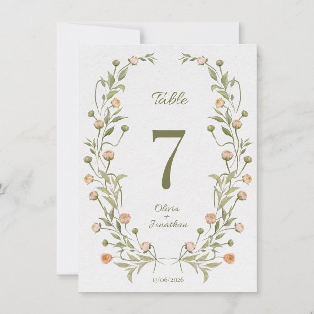 Floral Wreath Wedding Table Number – Romantic Bota (Front)