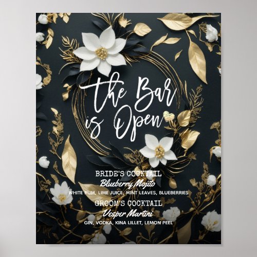 Floral Wreath Wedding The Bar is Open Drink Menu Poster