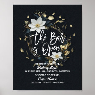 Floral Wreath Wedding The Bar is Open Drink Menu Poster