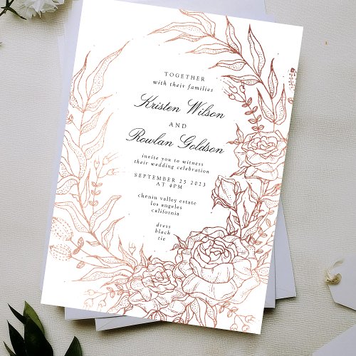 Floral Wreath White Black Emerald Copper Wedding Invitation