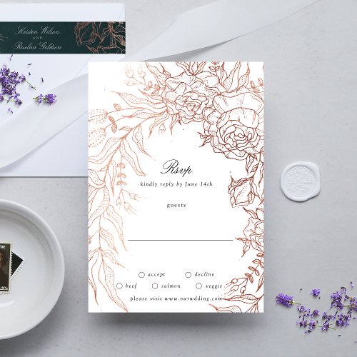 Floral Wreath White Black Emerald Copper Wedding RSVP Card