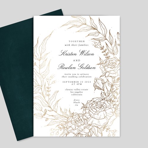 Floral Wreath White Black Emerald Gold Wedding Invitation