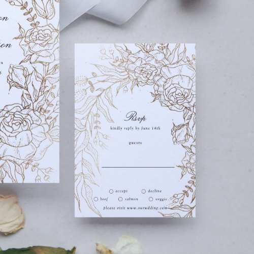 Floral Wreath White Black Emerald Gold Wedding RSVP Card