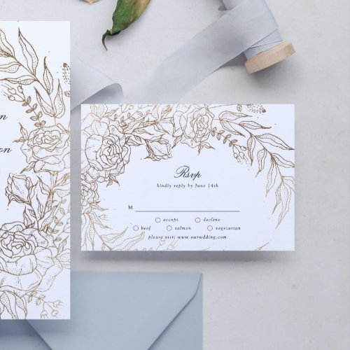 Floral Wreath White Black Emerald Gold Wedding RSVP Card