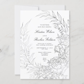Floral Wreath White Black Silver Wedding Invitation
