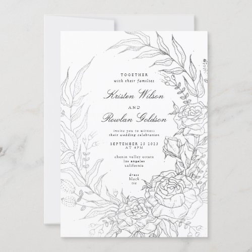 Floral Wreath White Black Silver Wedding Invitation