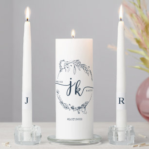 Floral Wreath White Navy Blue Monogram Wedding Unity Candle Set