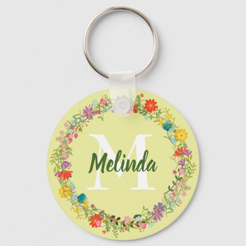 Floral Wreath Wildflowers Pale Sage Personalized  Keychain