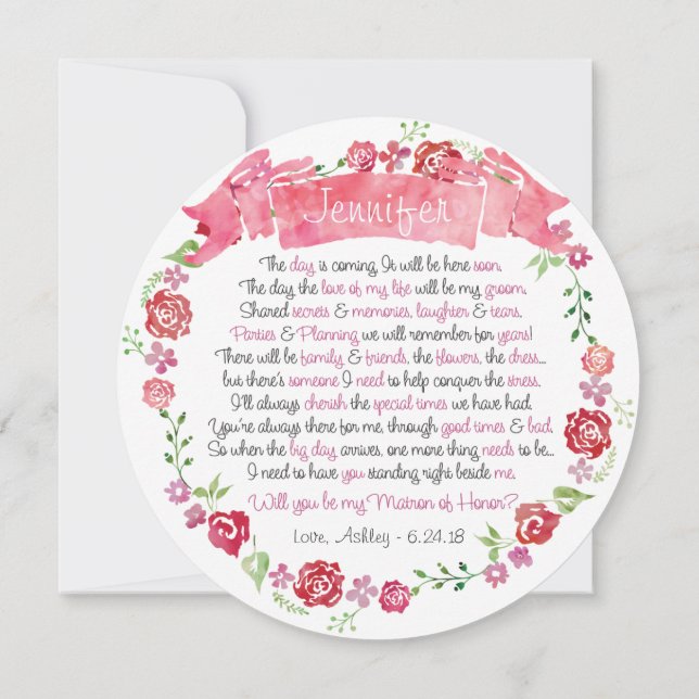 Floral Wreath Will You Be my Matron of Honor Card (Back)
