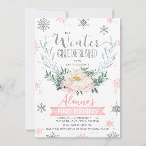 Floral Wreath Winter Onederland First Birthday  Invitation