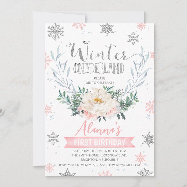 Floral Wreath Winter Onederland First Birthday Invitation