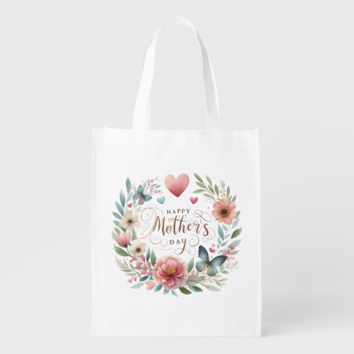 Floral Wreath with a Butterfly Happy Mothers Day  Grocery Bag