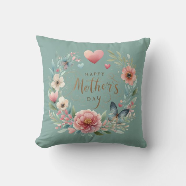Floral Wreath with a Butterfly Happy Mother's Day  Throw Pillow (Front)