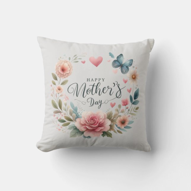 Floral Wreath With A Butterfly, Happy Mother's Day Throw Pillow (Front)