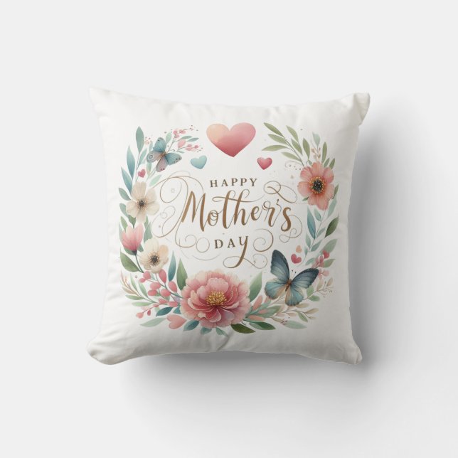 Floral Wreath with a Butterfly Happy Mother's Day  Throw Pillow (Front)