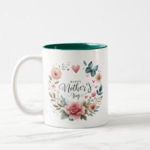 Floral Wreath With A Butterfly, Happy Mother's Day Two-Tone Coffee Mug