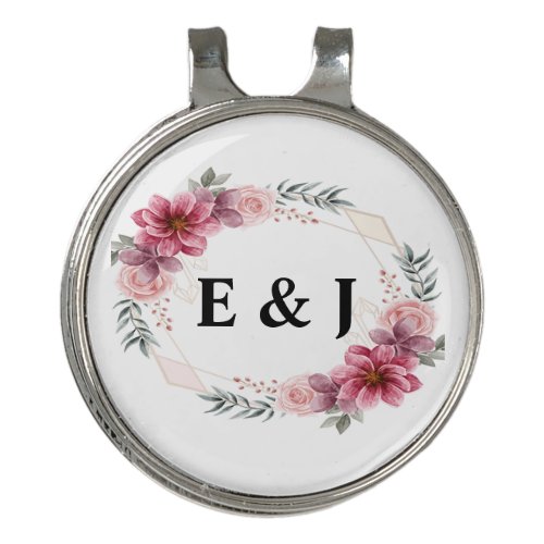 Floral Wreath with Bride  Groom Initials Inside Golf Hat Clip