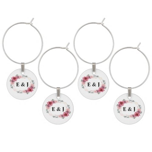 Floral Wreath with Bride  Groom Initials Inside Wine Charm