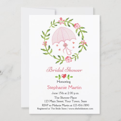Floral Wreath with Pink Umbrella Bridal Shower Invitation