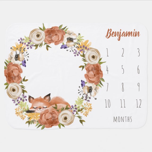 Floral Wreath with Woodland Fox Boy Milestone Baby Blanket (Horizontal)