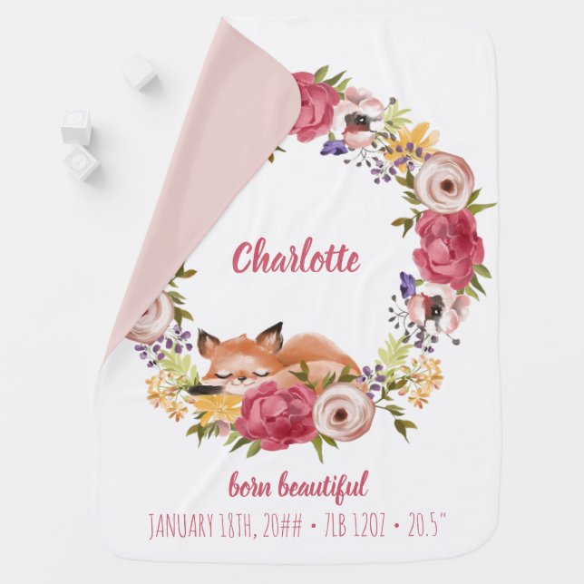 Floral Wreath with Woodland Fox Girl Birth Stats Baby Blanket (In Situ)