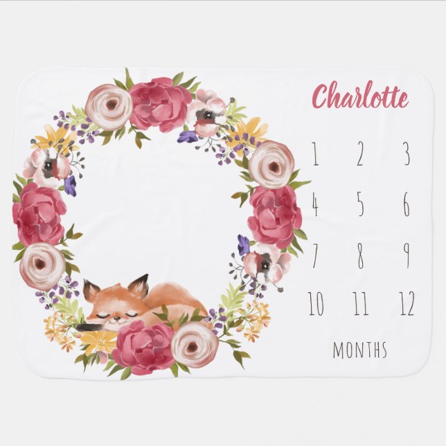 Floral Wreath with Woodland Fox Girl Milestone Baby Blanket (Horizontal)