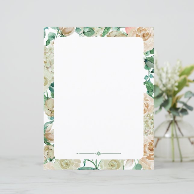 Floral writing paper  cream watercolor roses (Standing Front)