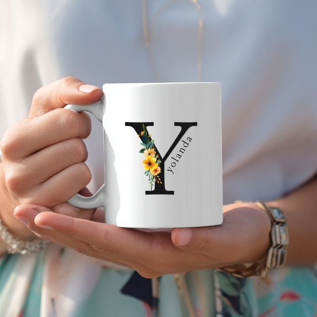 Floral Y Monogram Mug with Editable Name (Floral Y Monogram Mug with Editable Name. Yellow, Orange & Greenery Watercolor Flowers.)