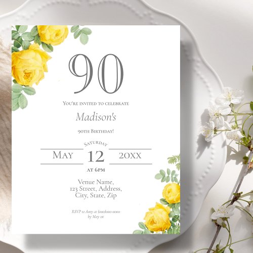 Floral Yellow  90th Birthday Budget Invitation