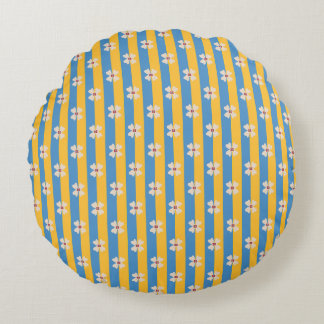 Floral Yellow and Aqua Striped Round Pillow