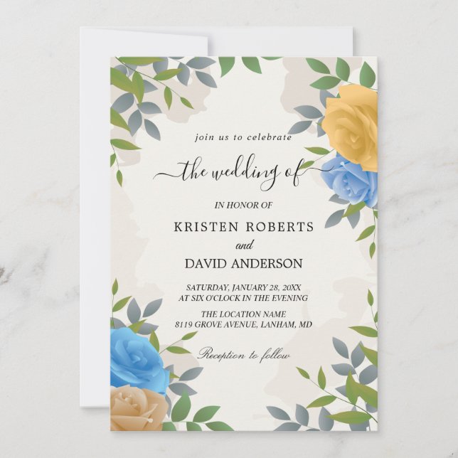floral yellow and blue wedding invitation (Front)