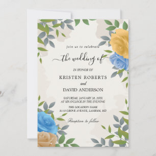 floral yellow and blue wedding invitation