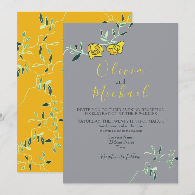 Floral Yellow and Grey Minimony Wedding Invitation (Front/Back)