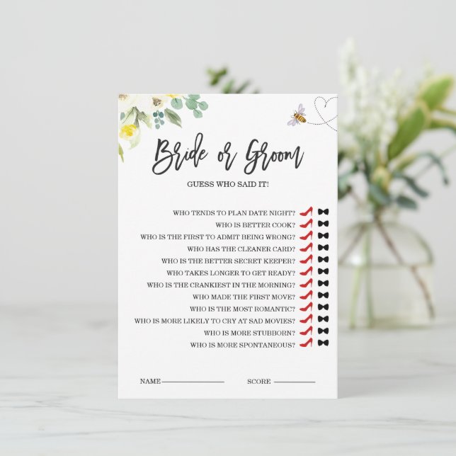 Floral Yellow Bee Bride or Groom Game Card (Standing Front)