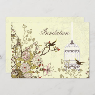 floral yellow bird cage, love birds invites