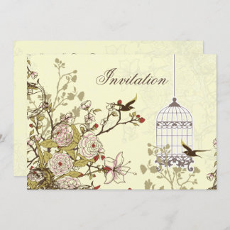 floral yellow bird cage, love birds invites