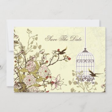 floral yellow bird cage, love birds save the dates save the date