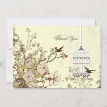 Floral yellow bird cage, love birds Thank You Invitation