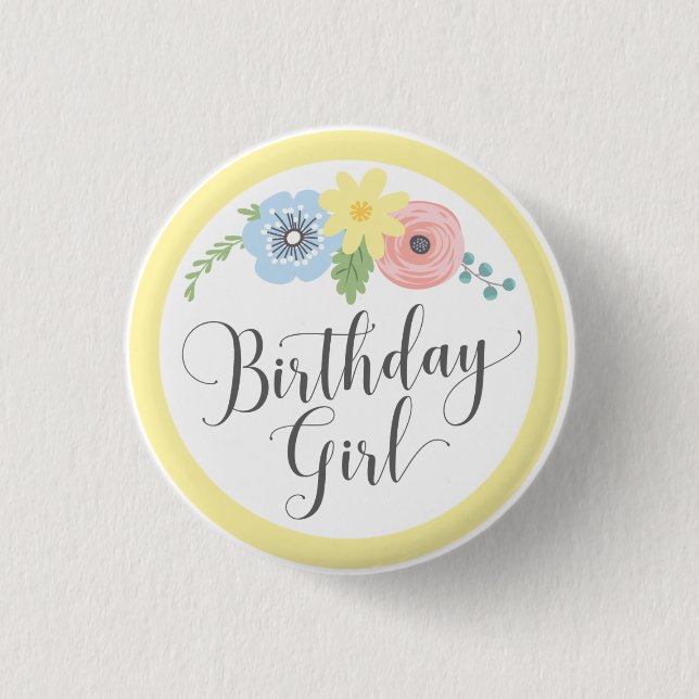 Floral Yellow Birthday Girl Baby & Kids Party Button (Front)
